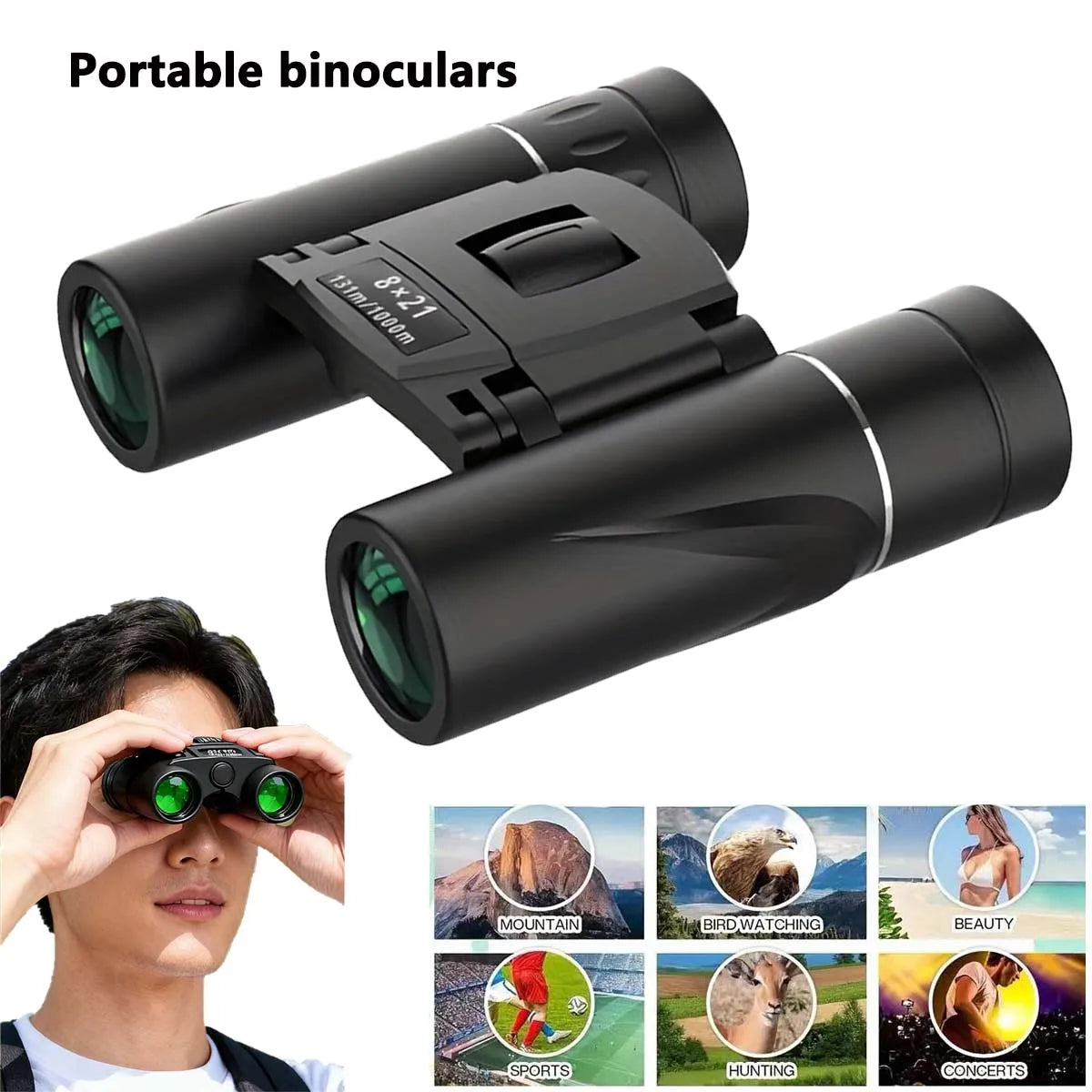 8*21 High Power Binoculars Portable  Bird Watching Hiking  Moon Viewing for Outdoor Hunting Concerts  for Travel Christmas Gift