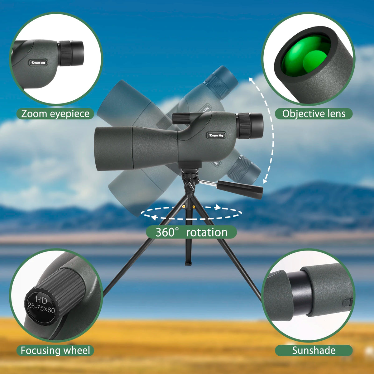 25-75x60 Binoculars Powerful Zoom Monoculars Waterproof With Tripod Birdwatching Outdoor Travel Camping Use