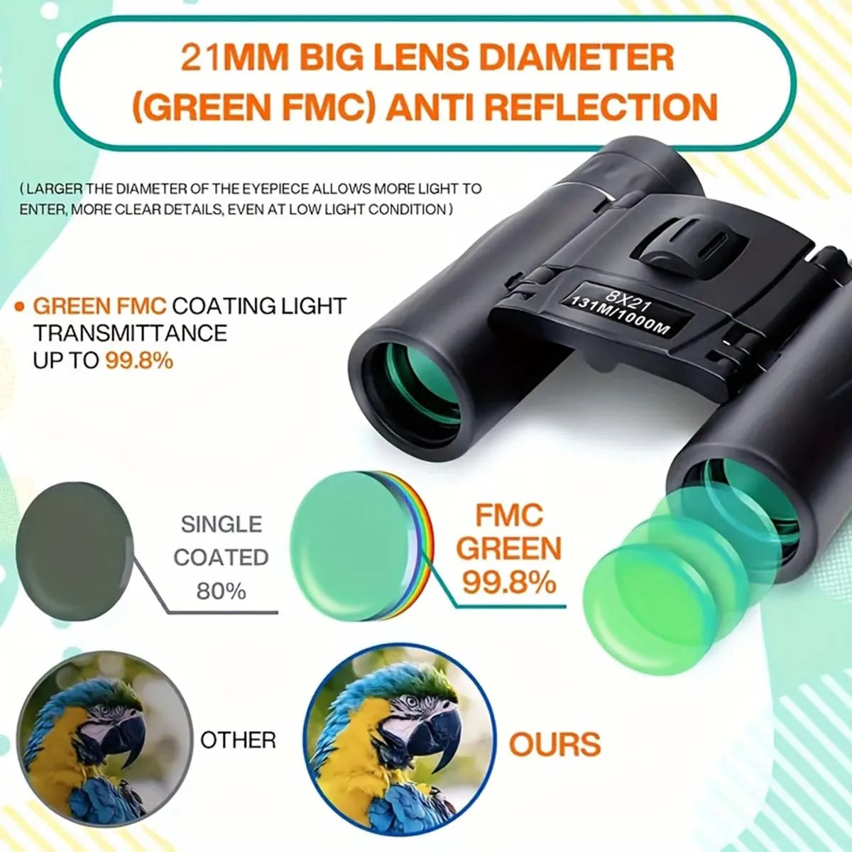 8*21 High Power Binoculars Portable  Bird Watching Hiking  Moon Viewing for Outdoor Hunting Concerts  for Travel Christmas Gift